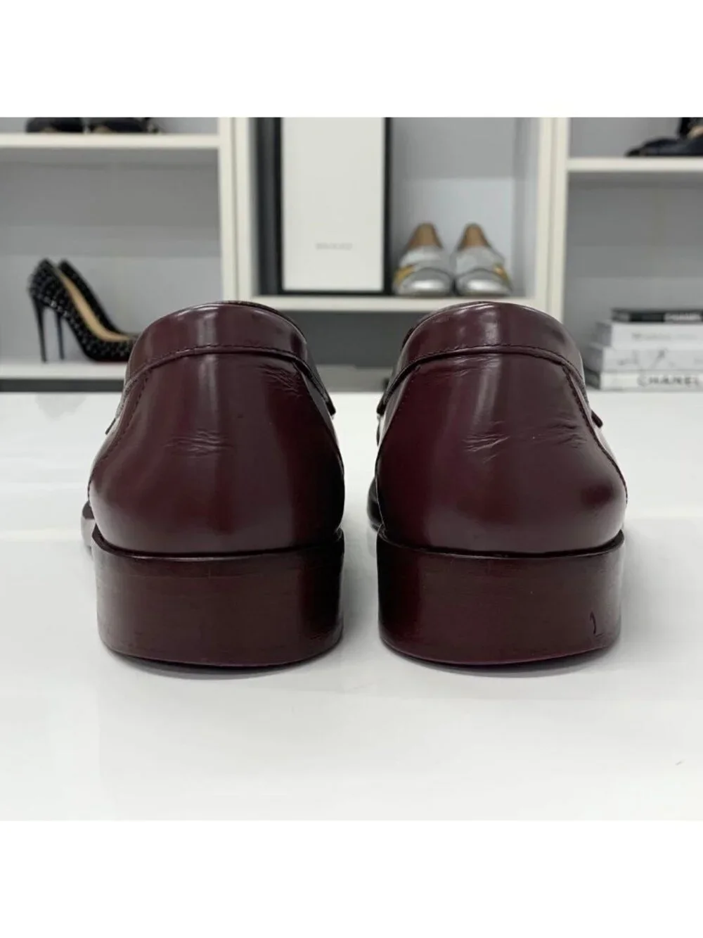 Chanel CC Logo Leather Loafers Burgundy White